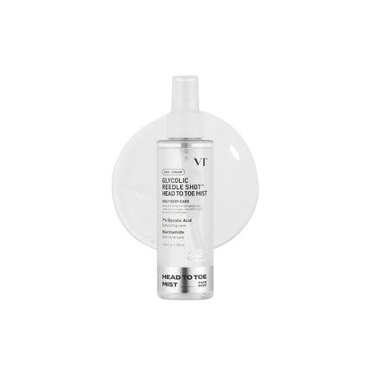 VT Glycolic Reedle Shot Head To Toe Mist 120ml – exfoliating body and facial mist with glycolic acid for skin texture refinement and smooth skin available at Atelier De Glow UK.