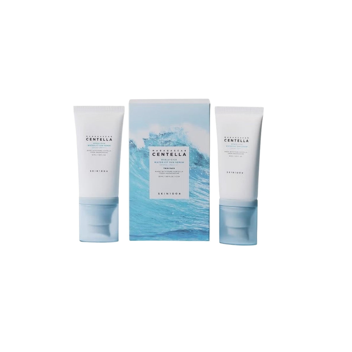 SKIN1004 Madagascar Centella Hyalu-Cica Water-Fit Sun Serum Twin Pack – SPF50+ PA++++ hydrating chemical sunscreen with Centella Asiatica for sensitive skin available at Atelier De Glow UK.