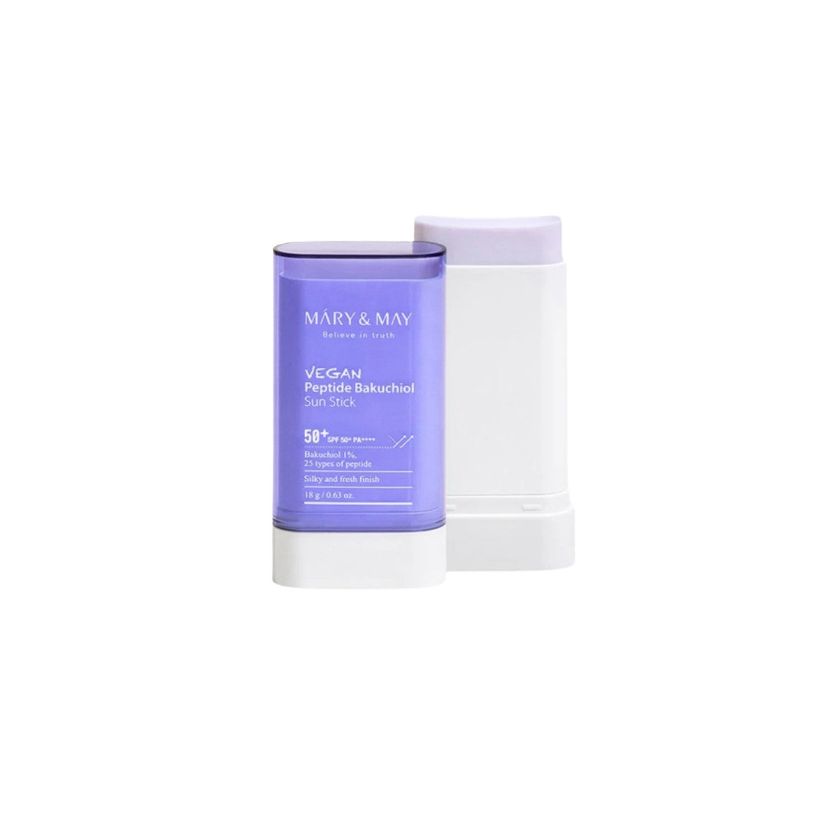 MARY &amp; MAY Vegan Peptide Bakuchiol Sun Stick – 18g SPF 50+ PA++++ with 25-Peptide Complex and Bakuchiol available at Atelier De Glow UK.