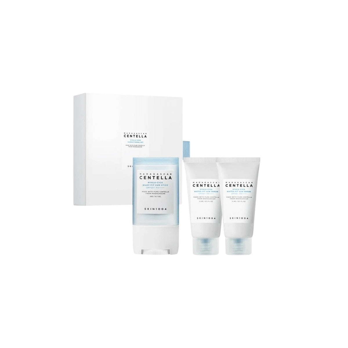 SKIN1004 Hyalu-Cica Sunsational Kit for sensitive, dehydrated, and sun-exposed skin, providing a cooling and non-sticky SPF finish from Atelier De Glow UK.