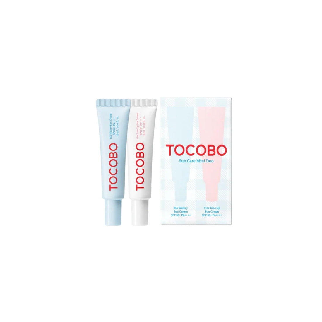 TOCOBO Sun Care Mini Duo – 2 piece travel-size vegan SPF50+ PA++++ sunscreen set including Bio Watery and Vita Tone Up formulas available at Atelier De Glow UK.