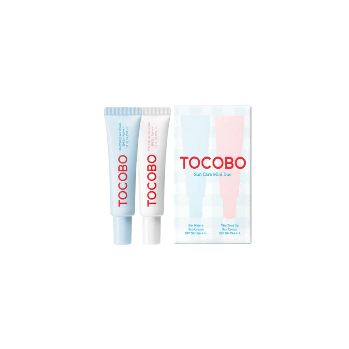 TOCOBO Sun Care Mini Duo – 2 piece travel-size vegan SPF50+ PA++++ sunscreen set including Bio Watery and Vita Tone Up formulas available at Atelier De Glow UK.
