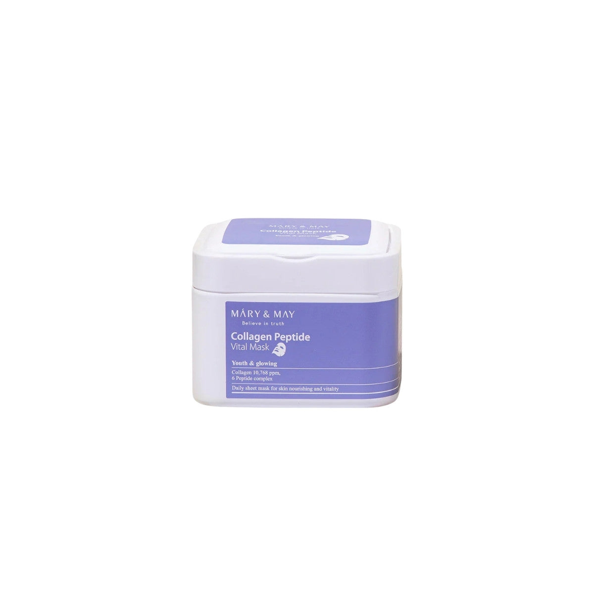 MARY &amp; MAY Collagen Peptide Vital Mask – 30pcs bulk daily-use anti-aging and skin-firming sheet mask case available at Atelier De Glow UK.