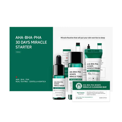 Some By Mi AHA, BHA, PHA 30 Days Miracle Starter Kit – 4-step acne-fighting skincare set with chemical exfoliants for clearer skin available at Atelier De Glow UK.