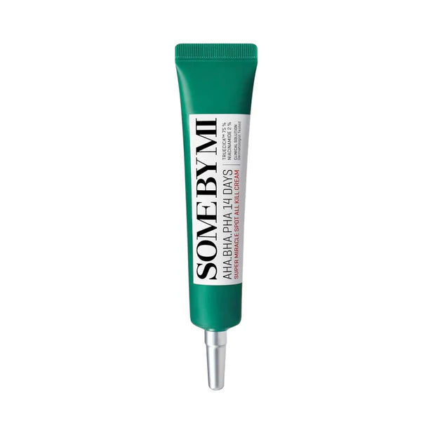 Some By Mi AHA, BHA, PHA 14 Days Super Miracle Spot All Kill Cream – targeted blemish treatment with exfoliating acids for clear skin available at Atelier De Glow UK.