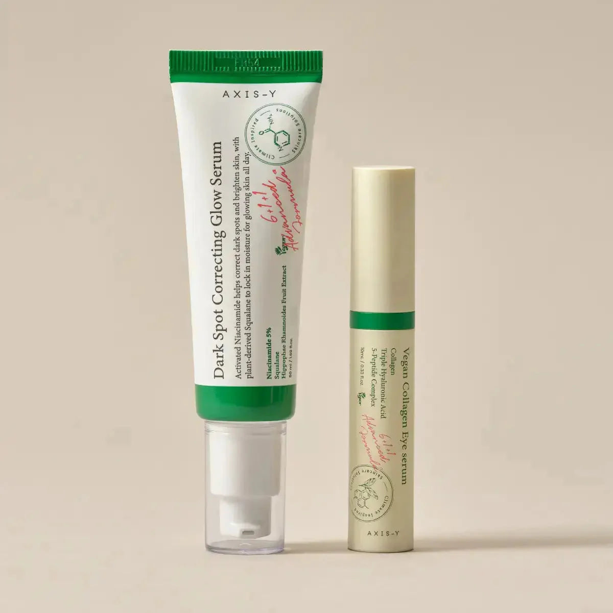 AXIS-Y Duo Set for stubborn dark acne scars, dark under-eye circles, fine smile lines, and sun-induced hyperpigmentation – Brightening booster from Atelier De Glow UK.