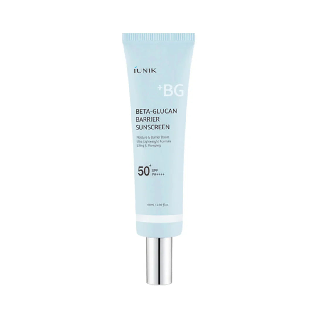 iUNIK Beta-Glucan Barrier Sunscreen – 60ml premium chemical K-beauty sunscreen formulated with 5-Layer Sun Filter, Beta-Glucan, and Aging-Shield Peptide available at Atelier De Glow UK.