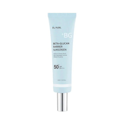 iUNIK Beta-Glucan Barrier Sunscreen – 60ml premium chemical K-beauty sunscreen formulated with 5-Layer Sun Filter, Beta-Glucan, and Aging-Shield Peptide available at Atelier De Glow UK.