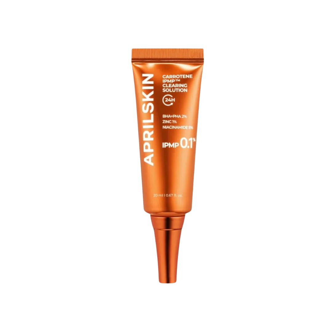 APRILSKIN Carrotene IPMP Clearing Solution – 20ml vegan spot acne treatment with 2% BHA, PHA, 5% Niacinamide, and Zinc Oxide available at Atelier De Glow UK.