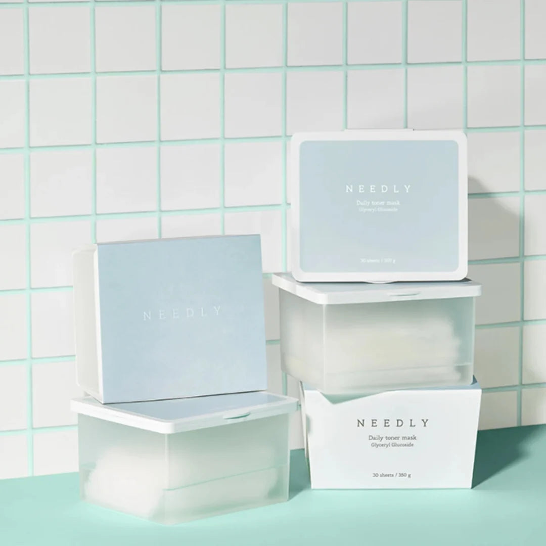 Vegan-certified NEEDLY Daily Toner Mask sheets infused with rich, refreshing essence for a smooth, dewy, and calm complexion from Atelier De Glow UK.