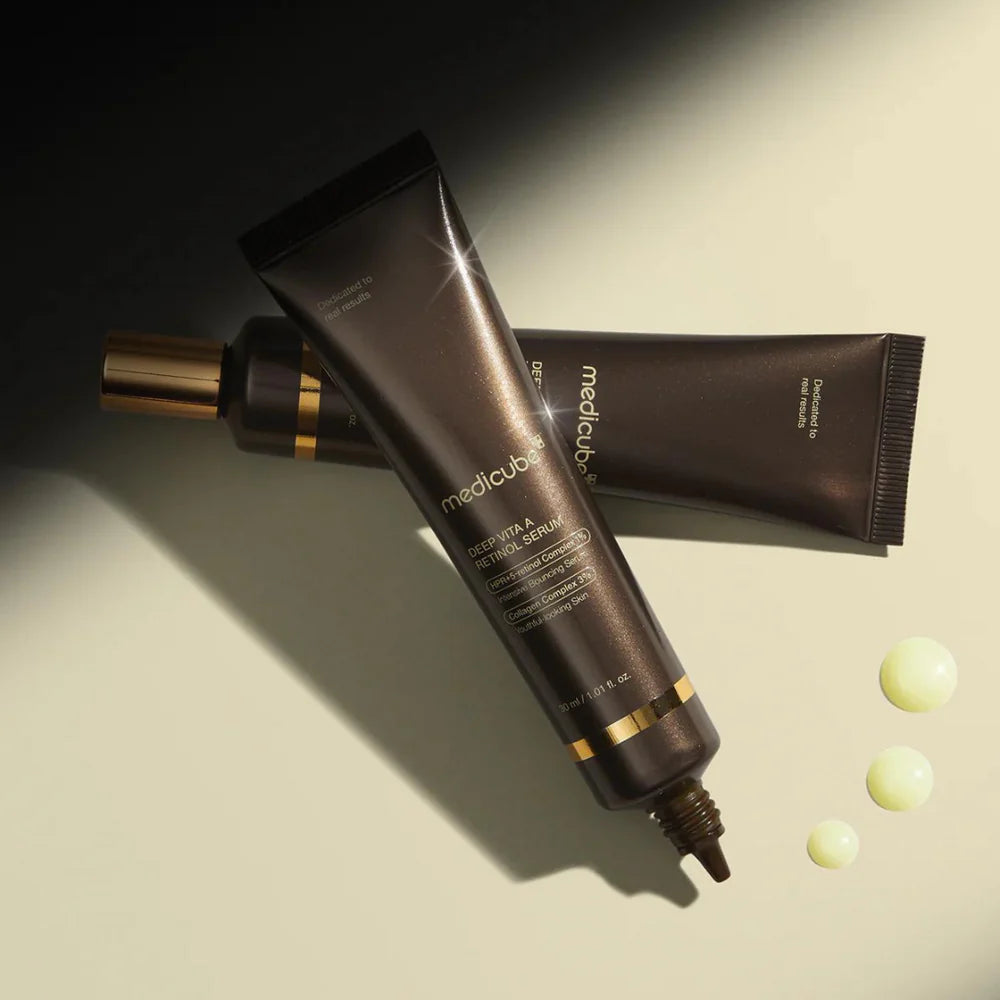 Medicube Retinol Serum for deep nasolabial creases, forehead smile lines, stretched vertical pores, and rough uneven skin texture – Age eraser from Atelier De Glow UK.