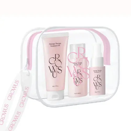 GROWUS Damage Therapy Travel Kit – 3-piece portable hair repair set featuring Shampoo EX, Treatment EX, and No-Wash Treatment Spray available at Atelier De Glow UK.