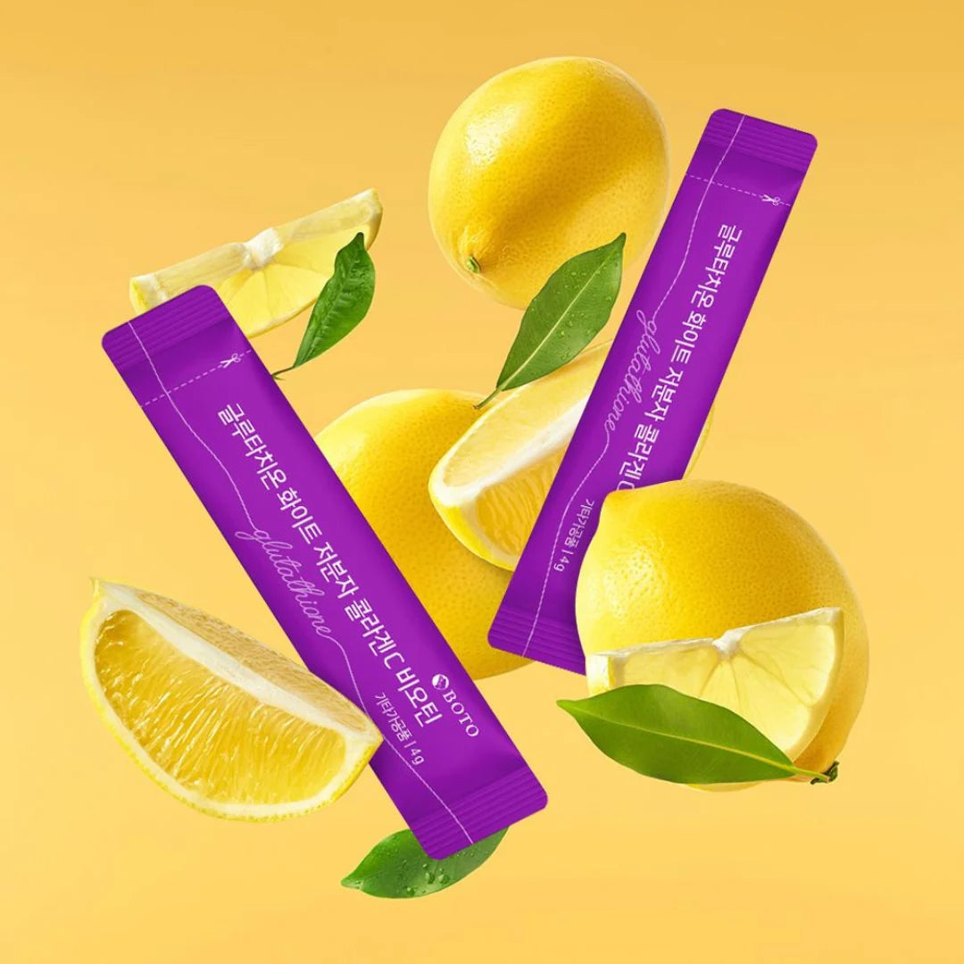 Easy-dissolve BOTO Glutathione and Collagen powder sticks – Lemon-flavored daily beauty supplement for skin radiance and hair health at Atelier De Glow UK.