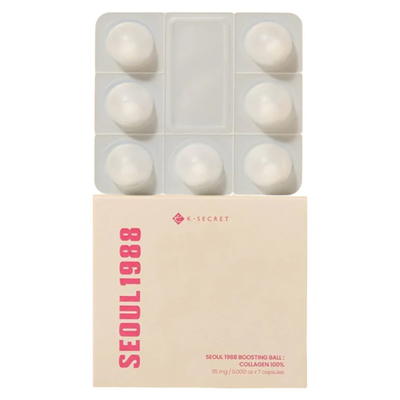 KSECRET SEOUL 1988 Boosting Ball Collagen 100% – Pack of 7 innovative freeze-dried pure hydrolyzed collagen treatment capsules available at Atelier De Glow UK.