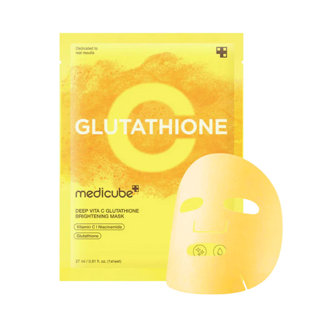 Medicube Glutathione Sheet Mask for deep stubborn melasma, dark brown sun spots, post-acne blemishes, and sallow uneven skin tones – Dark spot treatment from Atelier De Glow UK.