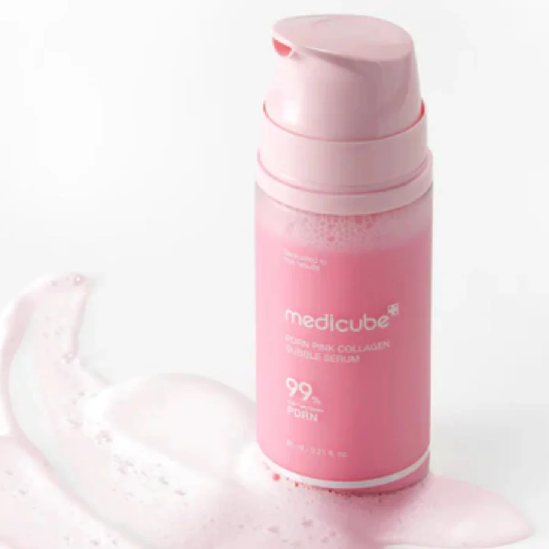 Soft, bouncy, naturally pink microbubble foam of Medicube PDRN Pink Collagen Bubble Serum melting instantly into a clear liquid serum at Atelier De Glow UK.