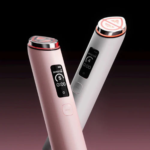Medicube Booster Pro X2 for lifting sagging jawlines, minimizing enlarged facial pores, smoothing stubborn expression wrinkles, and accelerating skincare absorption from Atelier De Glow UK.