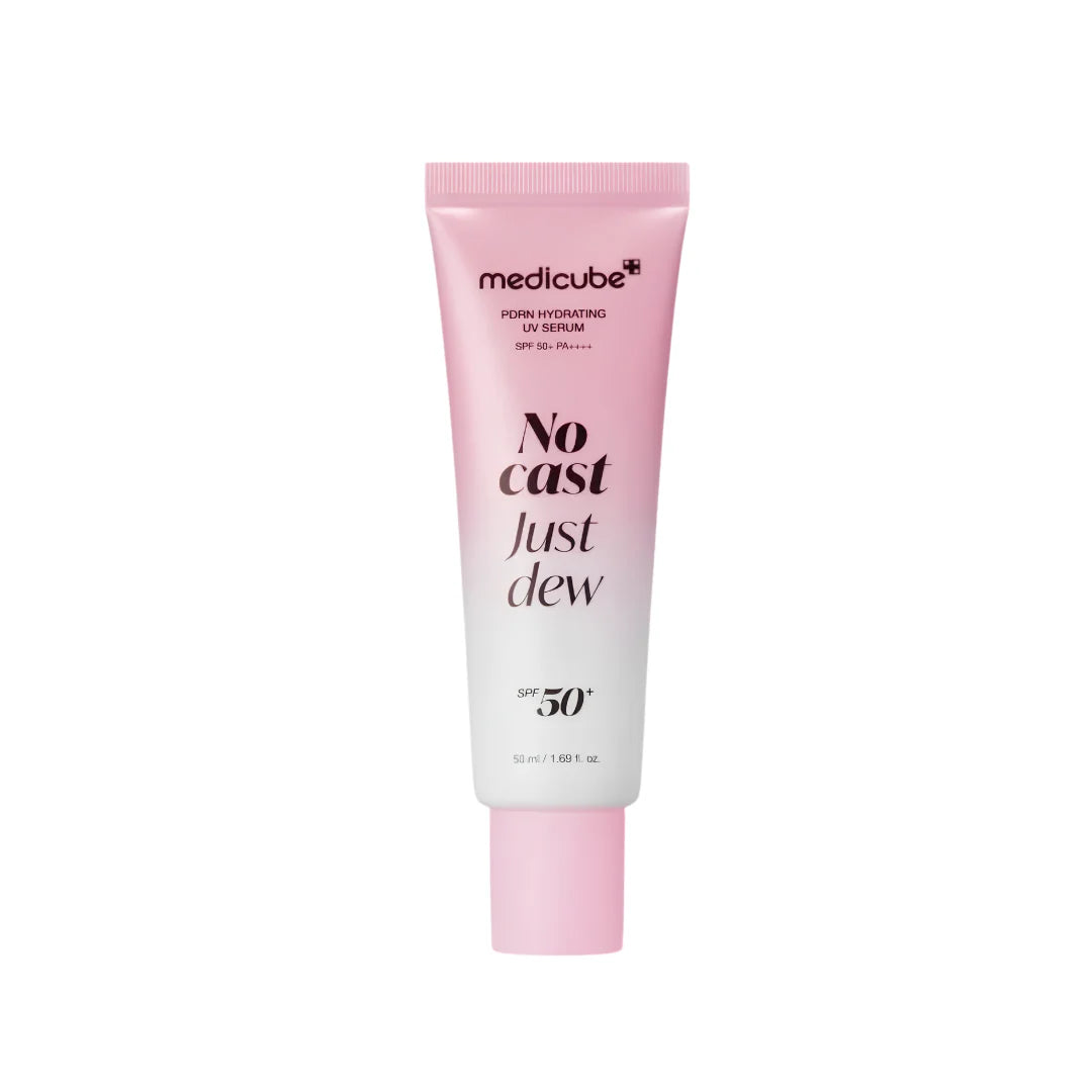Medicube PDRN Hydrating UV Serum SPF 50+ PA++++ – anti-aging sunscreen infused with PDRN for skin barrier repair and deep moisture available at Atelier De Glow UK.