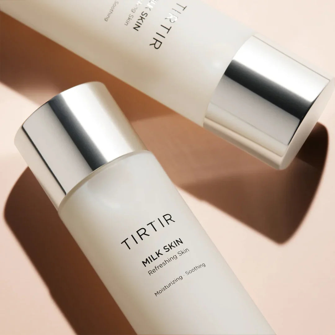 TIRTIR Milk Skin Toner for dry, dull, and dehydrated skin, designed to lock in moisture and soothe the skin barrier for a plump finish from Atelier De Glow UK.