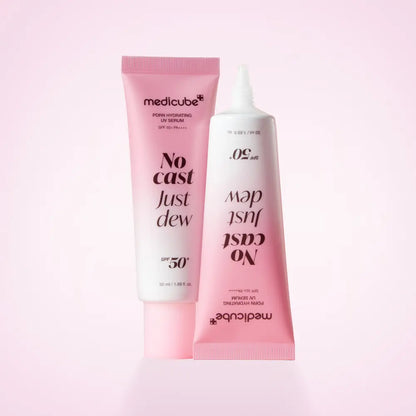 Medicube PDRN Hydrating UV Serum for preventing premature aging, soothing dehydrated skin, and providing high-level UV protection without a white cast from Atelier De Glow UK.