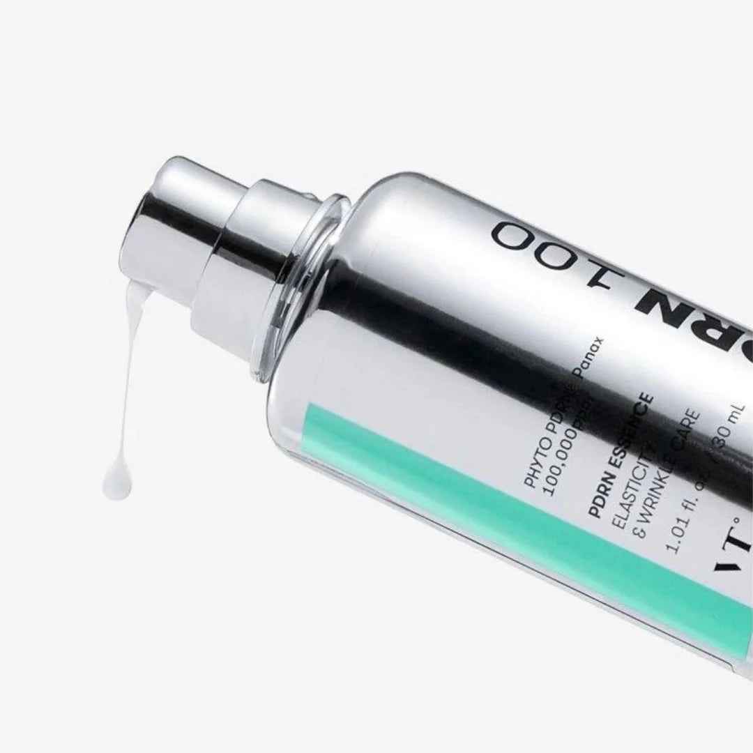VT PDRN Essence 100 for targeting fine lines, loss of elasticity, and uneven skin texture to reveal a firmer, smoother, and healthier complexion from Atelier De Glow UK.