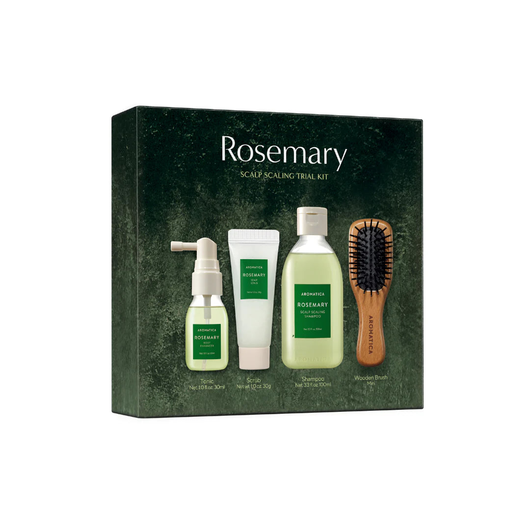 Aromatica Rosemary Scalp Scaling Trial Kit – Portable travel set containing Rosemary Scalp Scrub, Thickening Shampoo, and Root Enhancer available at Atelier De Glow UK.