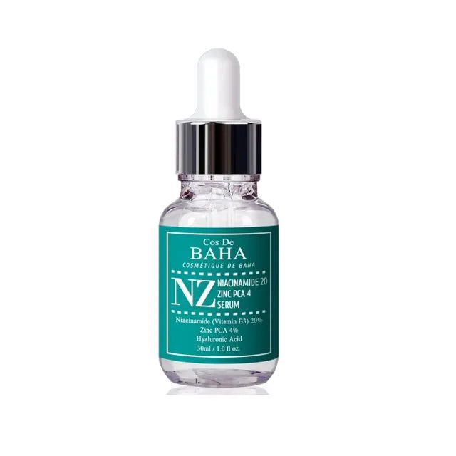Cos De Baha NZ Niacinamide 20 Zinc PCA 4 Serum – 30ml clinical-strength maximum oil-control and pore-tightening treatment in an Aloe base available at Atelier De Glow UK.