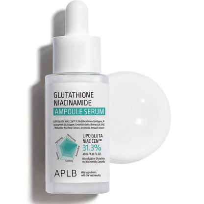 APLB Glutathione Niacinamide Ampoule Serum – High-concentration Korean brightening serum with Glutathione and Centella Asiatica available at Atelier De Glow UK.