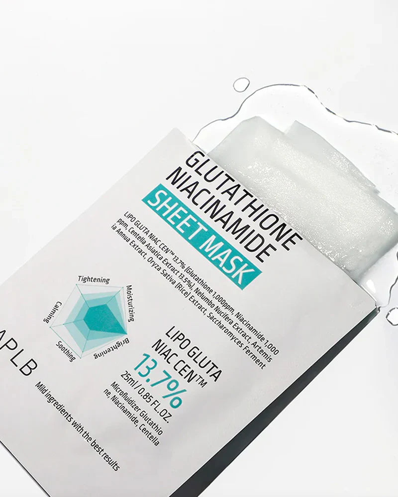 Microfiber sheet of APLB Glutathione Niacinamide Mask – High-adhesion Korean sheet mask drenched in 25ml of brightening essence at Atelier De Glow UK.