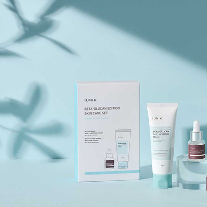 Silk-like clear serum fluid and smooth, lightweight whipped cream texture of iUNIK Beta-Glucan Skincare Set melting into skin at Atelier De Glow UK.