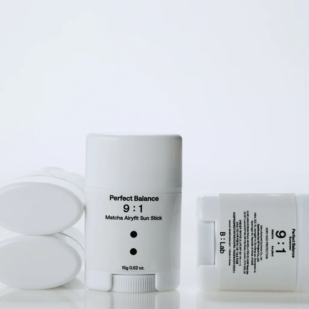 B.Lab Matcha Airyfit Sun Stick for oil control and cooling hydration, featuring a non-greasy, matte finish perfect for reapplication on the go from Atelier De Glow UK.