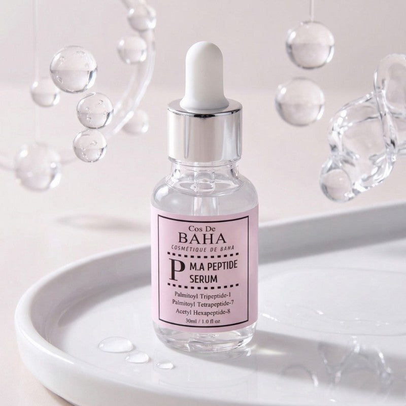 Cos De Baha Peptide serum for deep static nasolabial folds, stubborn forehead expression wrinkles, and loss of facial elasticity – Firming treatment from Atelier De Glow UK.