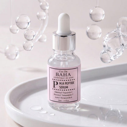 Cos De Baha Peptide serum for deep static nasolabial folds, stubborn forehead expression wrinkles, and loss of facial elasticity – Firming treatment from Atelier De Glow UK.
