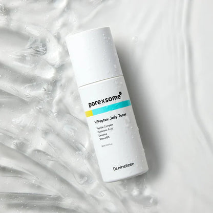 Unique bouncy jelly texture of Dr.nineteen V.Peptox Toner – Fast-absorbing, tightening liquid treatment for refined skin at Atelier De Glow UK.