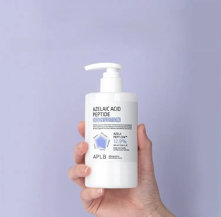 APLB Azelaic Acid Peptide Body Lotion for body breakouts and rough skin texture, fast-absorbing hydrating care available now at Atelier De Glow UK.
