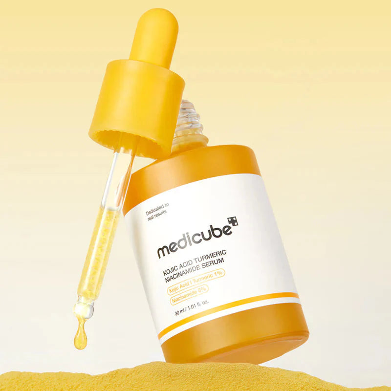 Medicube Kojic Acid Turmeric Niacinamide Serum for correcting uneven skin tone, fading acne marks, and improving overall skin radiance from Atelier De Glow UK.