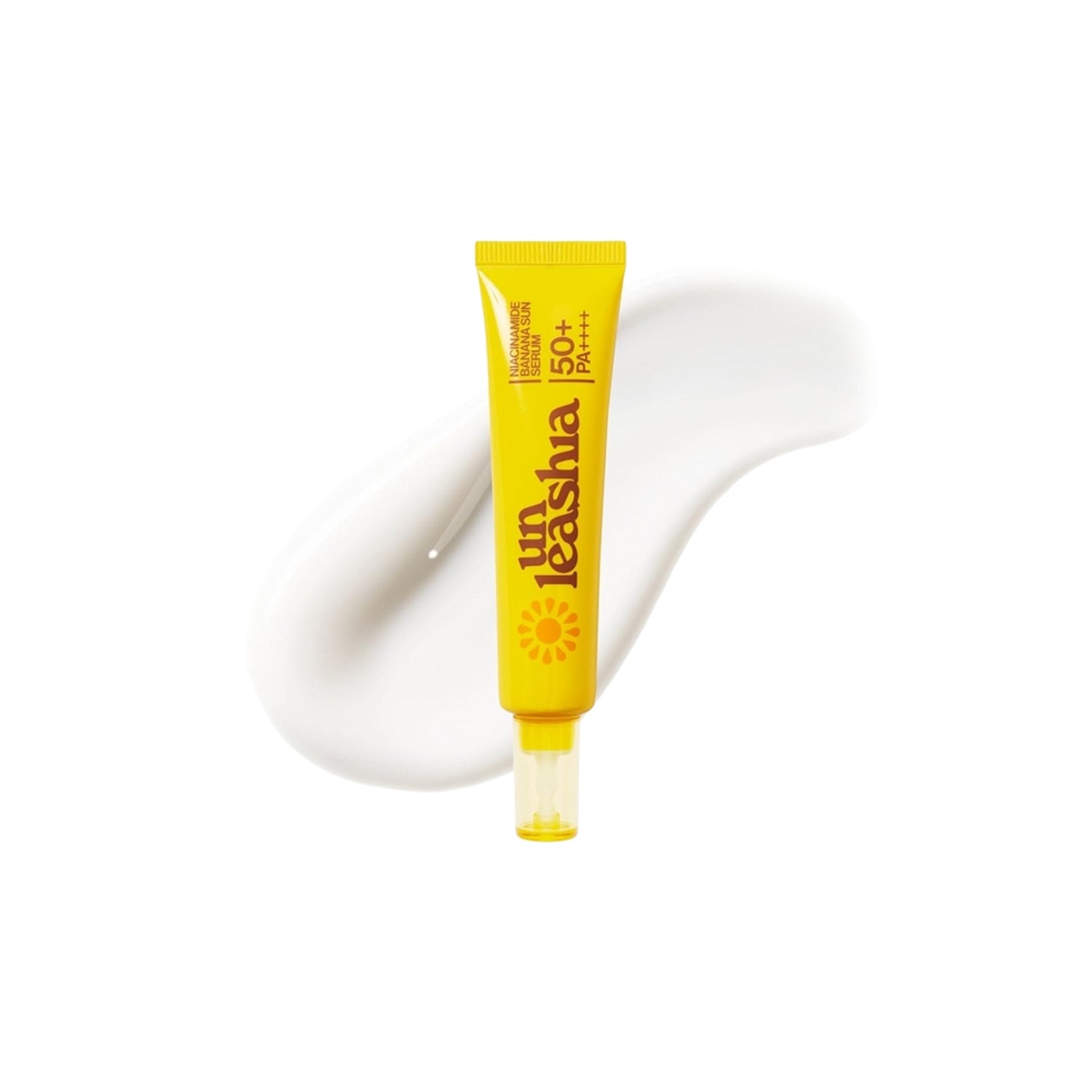UNLEASHIA Niacinamide Banana Sun Serum 40ml – hydrating chemical sunscreen enriched with niacinamide and banana extract for a radiant glow, available at Atelier De Glow UK.
